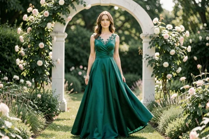 Femme en robe verte émeraude pour mariage 2026 dans un jardin fleuri avec arche en pierre blanche