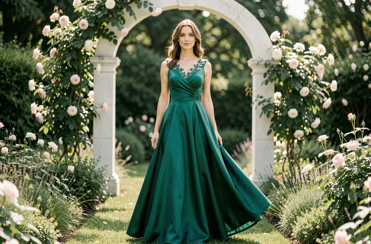 Femme en robe verte émeraude pour mariage 2026 dans un jardin fleuri avec arche en pierre blanche