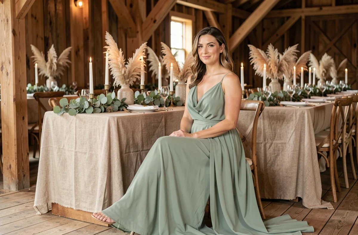 Femme en robe verte sauge en mousseline assise à une table de réception de mariage décorée d'eucalyptus et de bougies