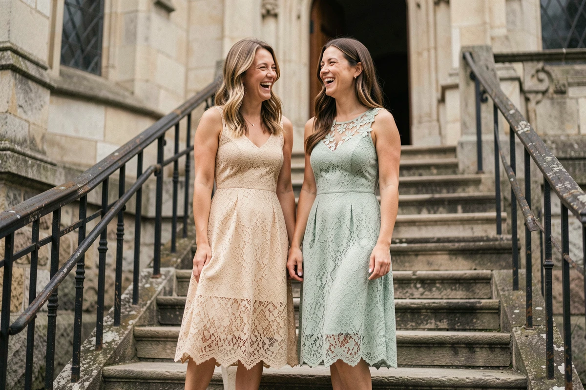 Deux femmes en robes de dentelle chic champagne et sauge sur les marches d'une église, souriant naturellement lors d'un mariage