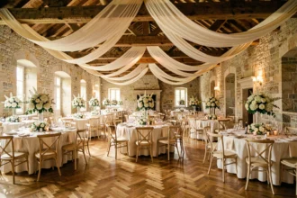 Salle de mariage élégante dans le Puy-de-Dôme avec décoration florale et tables dressées pour une réception
