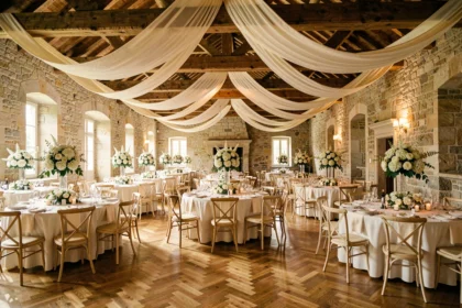 Salle de mariage élégante dans le Puy-de-Dôme avec décoration florale et tables dressées pour une réception