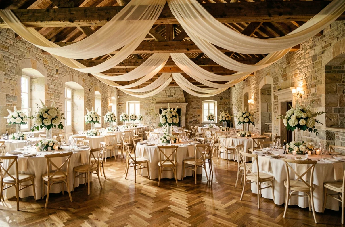 Salle de mariage élégante dans le Puy-de-Dôme avec décoration florale et tables dressées pour une réception