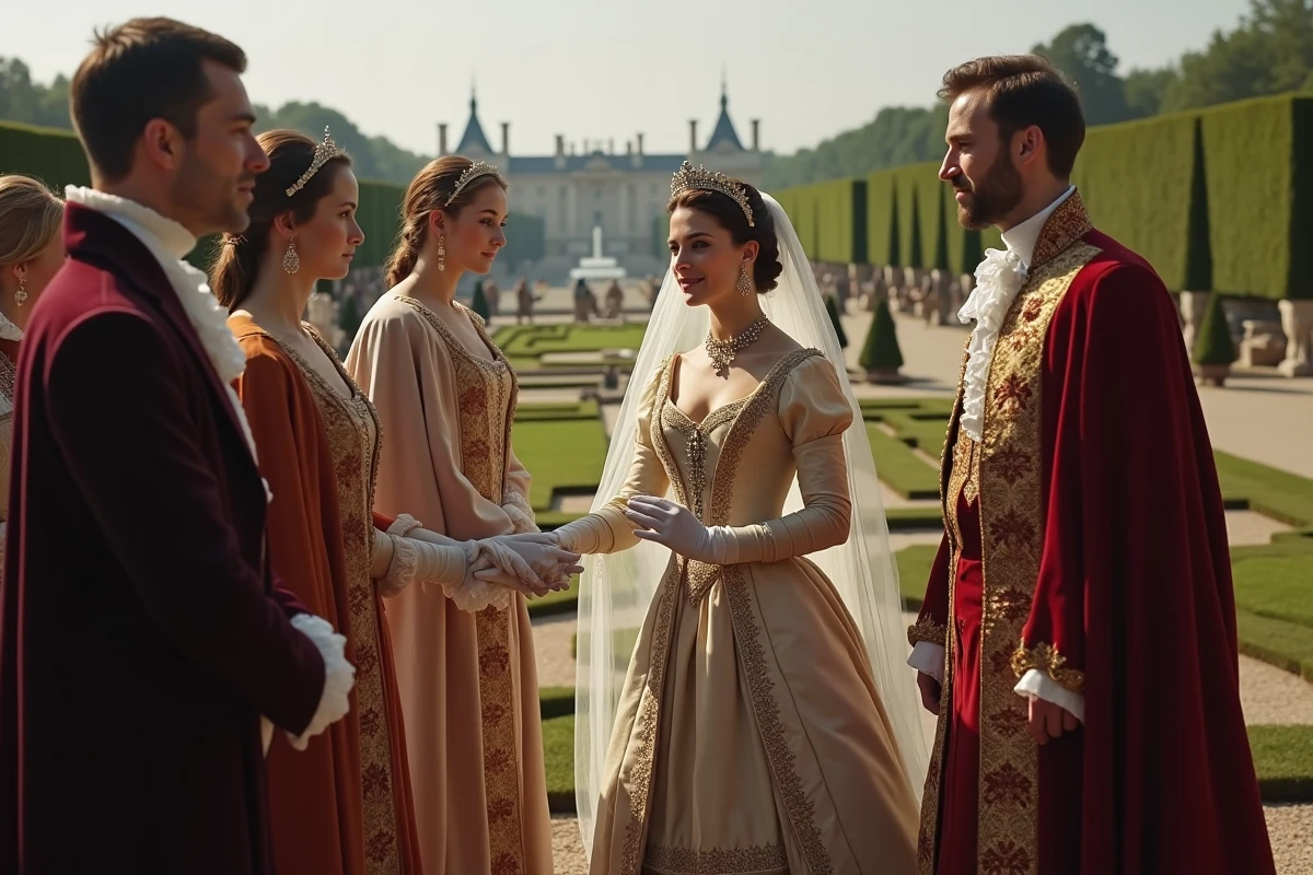 Scène diplomatique en extérieur avec la reine et nobles à Versailles