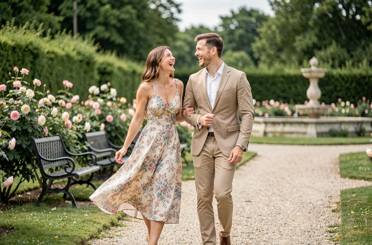 Séance photo de couple en extérieur dans un parc de Plaisir, rires naturels et ambiance romantique