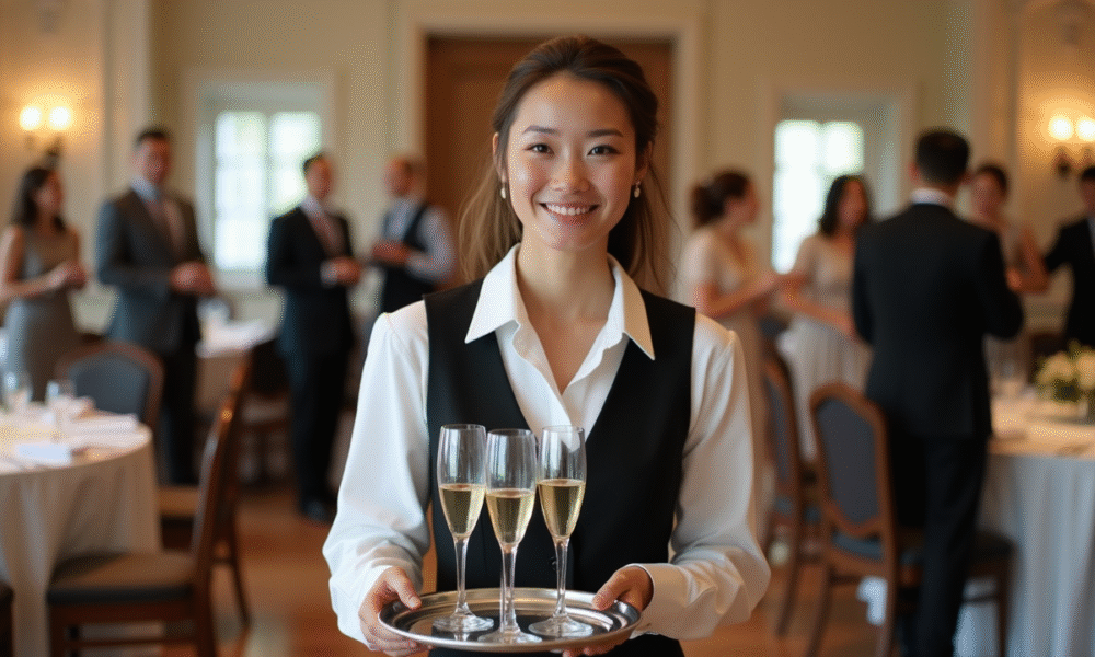 Serveuse souriante portant flûtes de champagne lors d'un mariage élégant