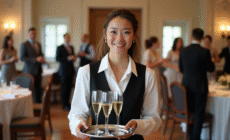 Serveuse souriante portant flûtes de champagne lors d'un mariage élégant
