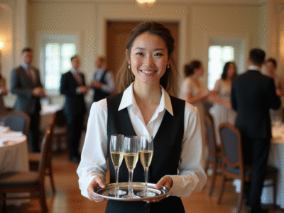 Serveuse souriante portant flûtes de champagne lors d'un mariage élégant