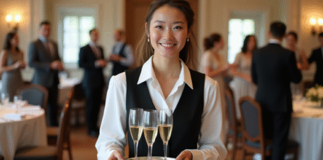 Serveuse souriante portant flûtes de champagne lors d'un mariage élégant