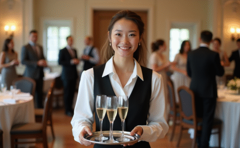 Serveuse souriante portant flûtes de champagne lors d'un mariage élégant