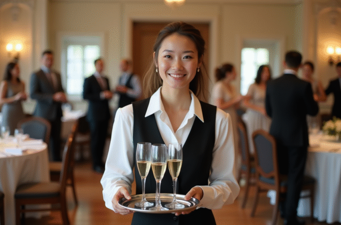 Serveuse souriante portant flûtes de champagne lors d'un mariage élégant