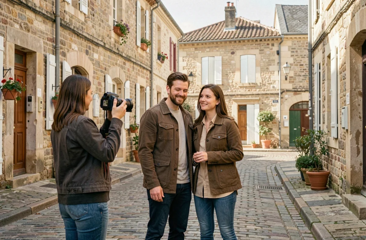 Shooting photo de couple dans le centre-ville historique de Colomiers avec une photographe professionnelle