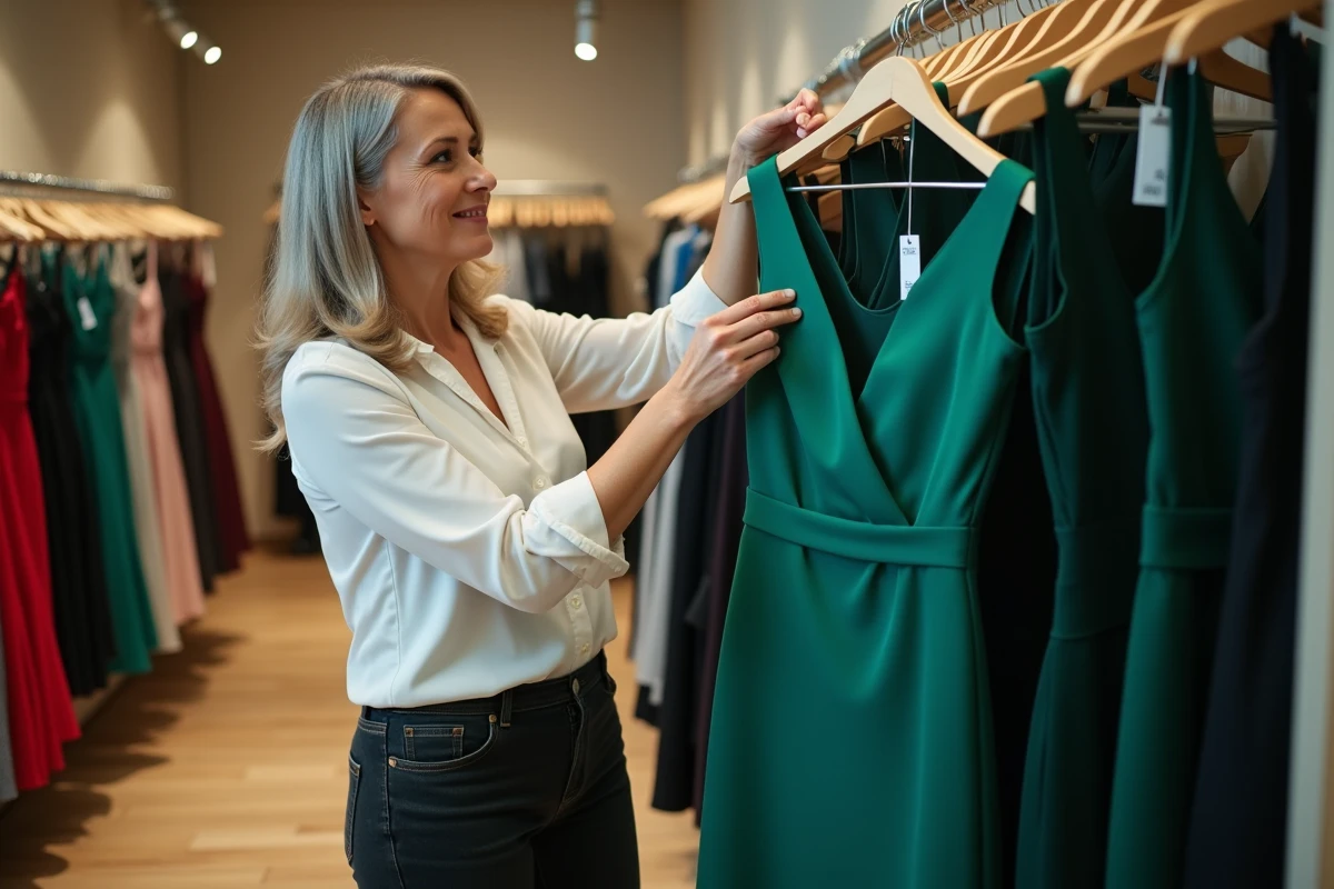 Femme choisissant une robe de soirée élégante et pas chère dans une boutique pour un mariage