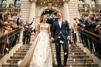 Couple de mariés sortant de la mairie sous une pluie de pétales de fleurs lancés par les invités sur les marches en pierre