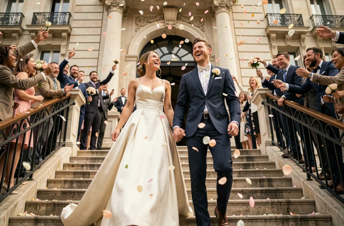 Couple de mariés sortant de la mairie sous une pluie de pétales de fleurs lancés par les invités sur les marches en pierre