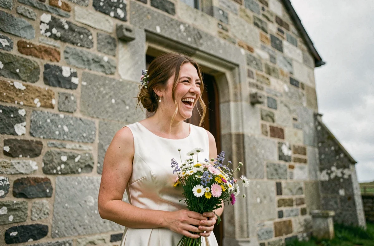 Mariée riant devant une chapelle en pierre bretonne, photographie de mariage par Stéphane Bédard Photographie dans le Morbihan