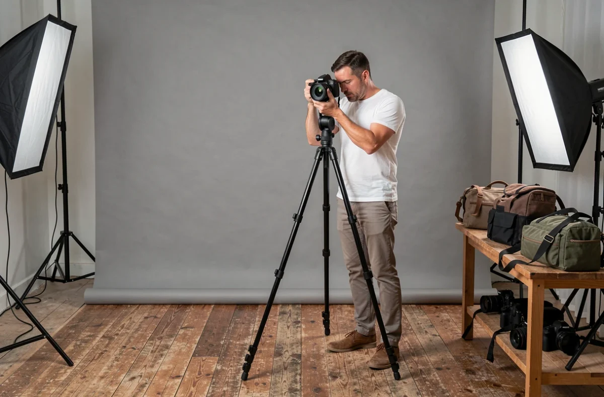 Studio photo professionnel à Colomiers avec photographe vérifiant ses clichés sur son appareil