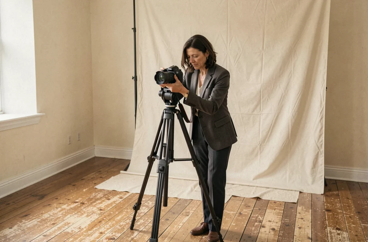 Photographe femme installant son équipement dans un studio photo professionnel à Elbeuf