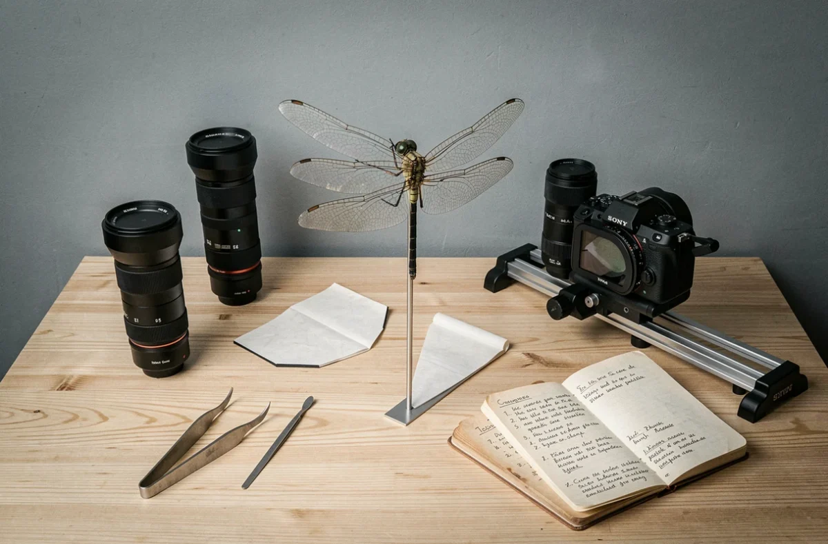 Table de studio avec matériel de photographie macro d'insectes, spécimen de libellule monté et appareil photo professionnel sur rail de mise au point