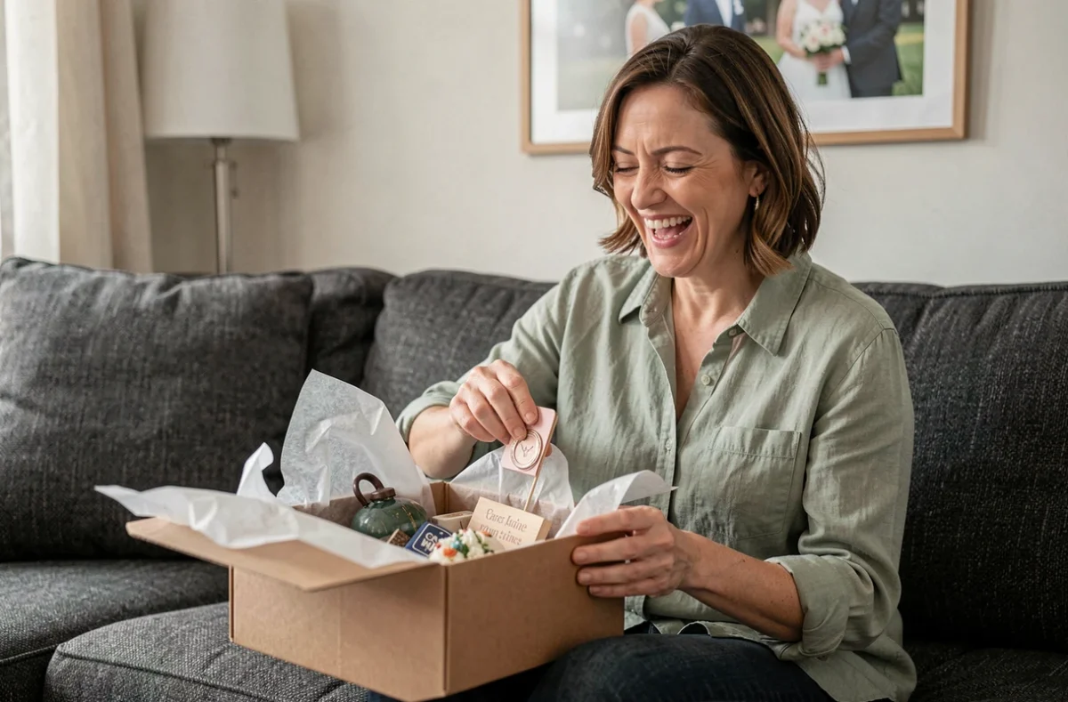 Femme heureuse découvrant les cadeaux surprises dans une boîte pour son anniversaire de mariage dans un salon cosy