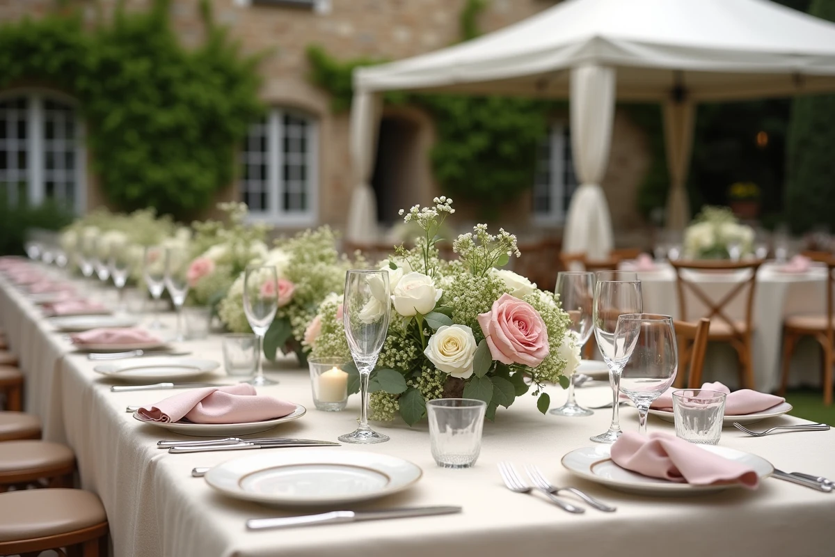 Table de réception mariage dressée avec élégance pour illustrer le rapport qualité-prix d'un traiteur