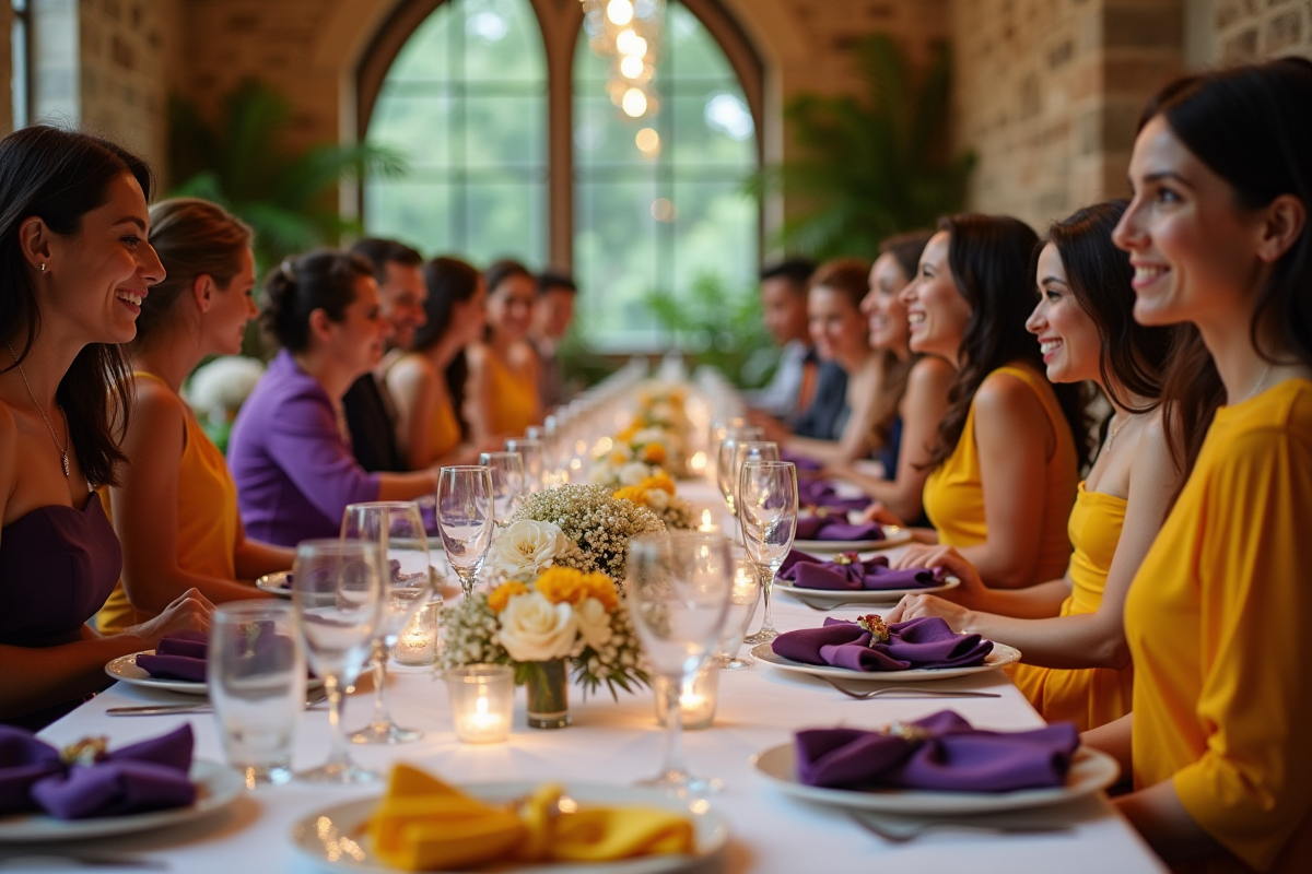 Table de mariage élégante avec invités lors d