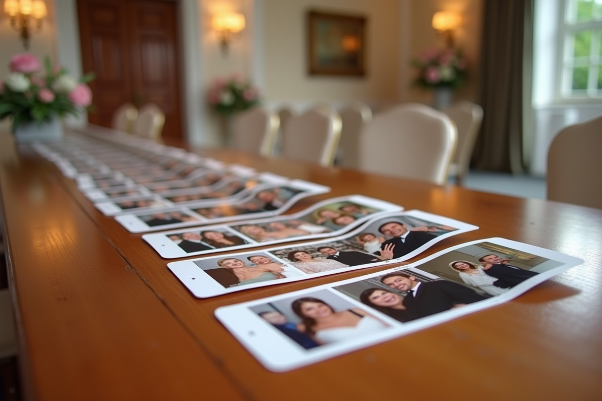 Table avec bandes photo booth et invités joyeux lors du mariage