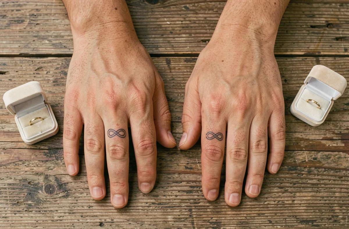 Deux mains côte à côte avec des tatouages alliance infini assortis sur l'annulaire, comparaison avec une bague de mariage traditionnelle