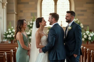 Mariés entourés de leurs deux témoins à l'autel d'une église lors d'une cérémonie de mariage