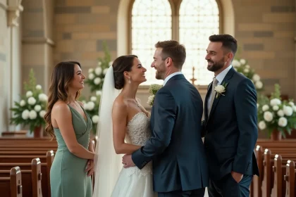 Mariés entourés de leurs deux témoins à l'autel d'une église lors d'une cérémonie de mariage