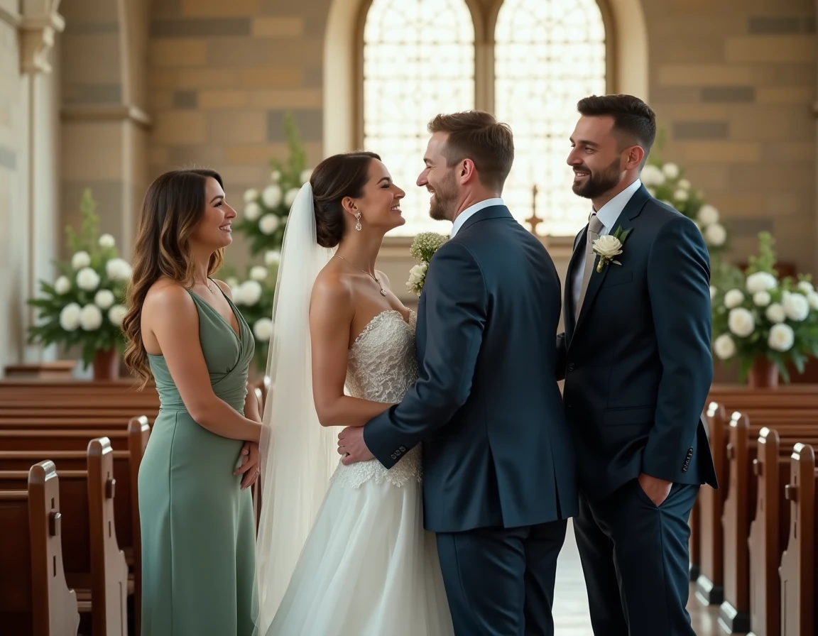 Mariés entourés de leurs deux témoins à l'autel d'une église lors d'une cérémonie de mariage