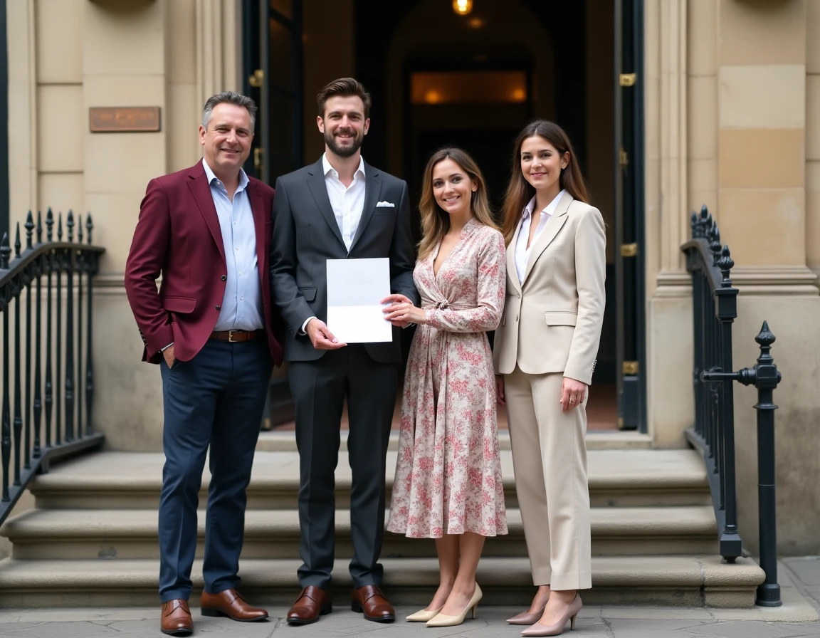 Quatre témoins de mariage posant devant la mairie française avec les documents officiels du mariage civil