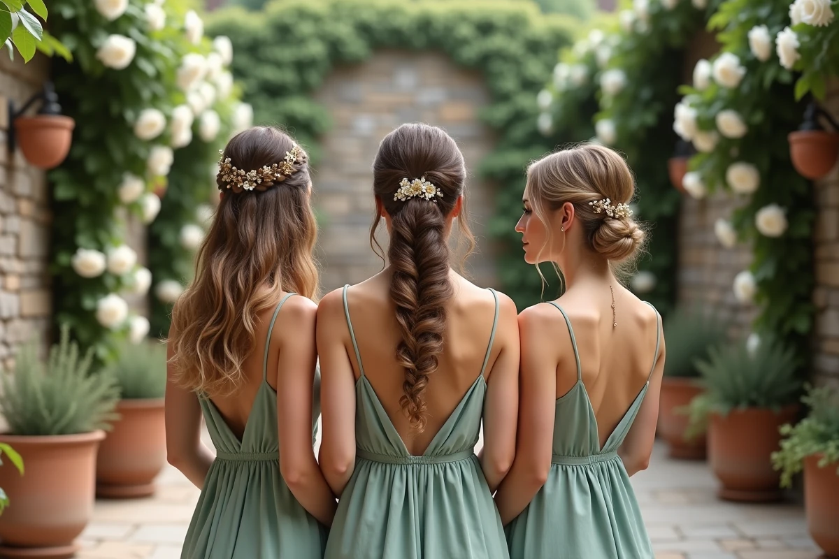 Trois demoiselles d'honneur en robe vert sauge présentant trois coiffures tendance mariage 2026 : ondulations romantiques, tresse demi-chignon et chignon bas floral dans un jardin avec mur en pierre fleuri