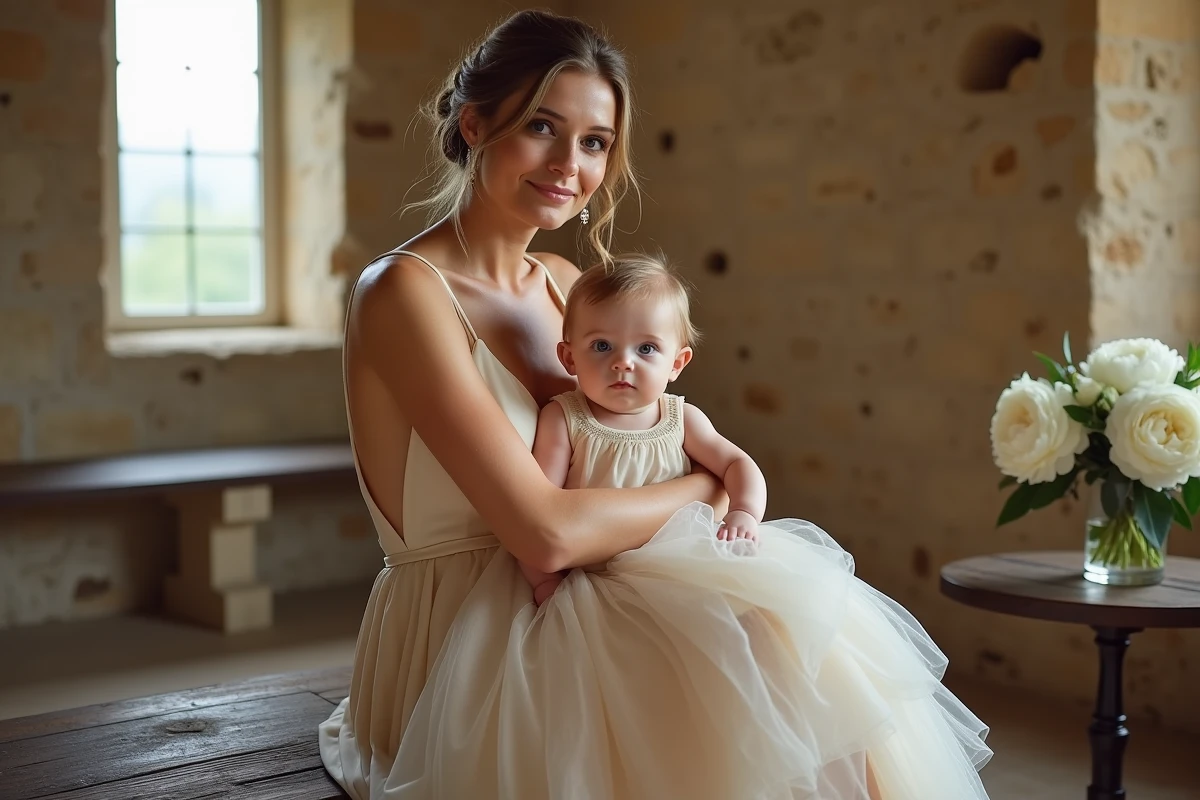 Maman en robe de mariée champagne tenant son bébé en tenue assortie dans une chapelle en pierre