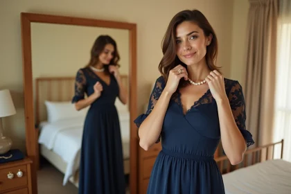 Femme en robe midi bleu marine élégante et abordable se préparant pour un mariage devant un miroir