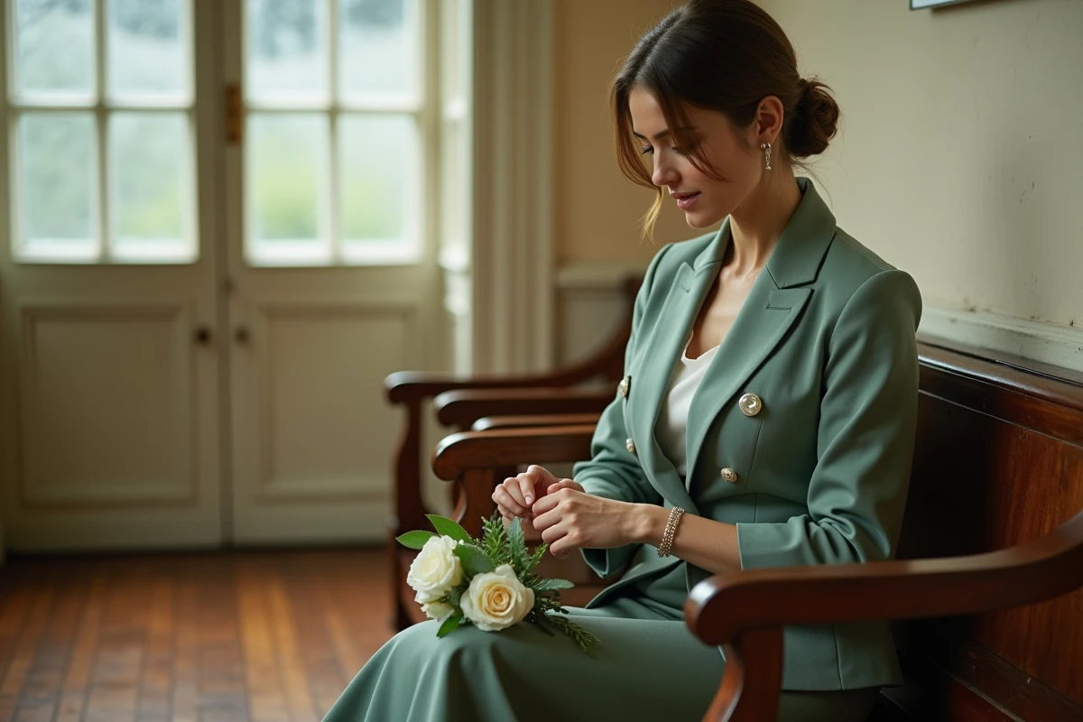Femme en tailleur vert sauge assise dans une salle d'attente d'une mairie avant son mariage civil intime