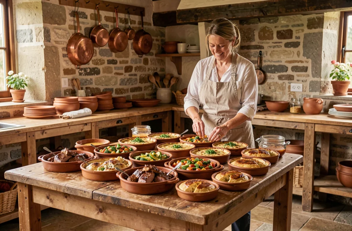 Cuisinière traiteur préparant des plats maison normands dans une ferme du Calvados pour une réception de mariage