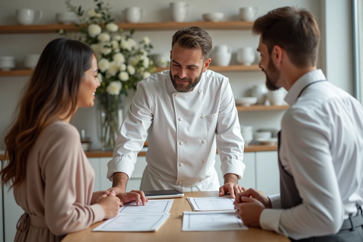 Traiteur mariage en discussion avec un couple pour négocier le prix du menu par personne