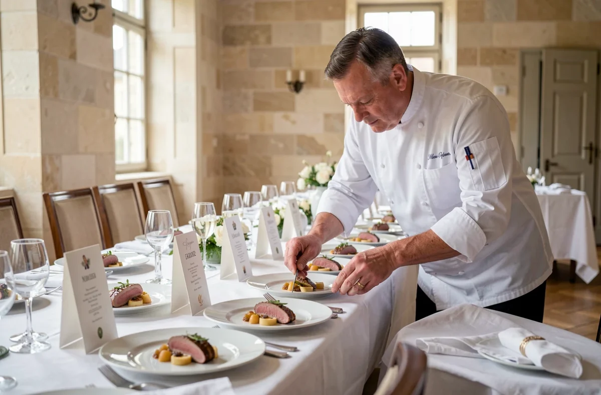 Chef traiteur dressant des assiettes sur mesure lors d'un banquet de mariage en Normandie