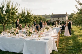 Réception de mariage en plein air en Normandie avec tables décorées, verrerie élégante et vergers en arrière-plan