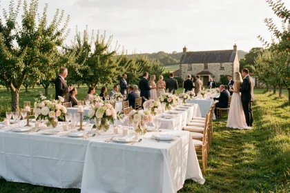 Réception de mariage en plein air en Normandie avec tables décorées, verrerie élégante et vergers en arrière-plan