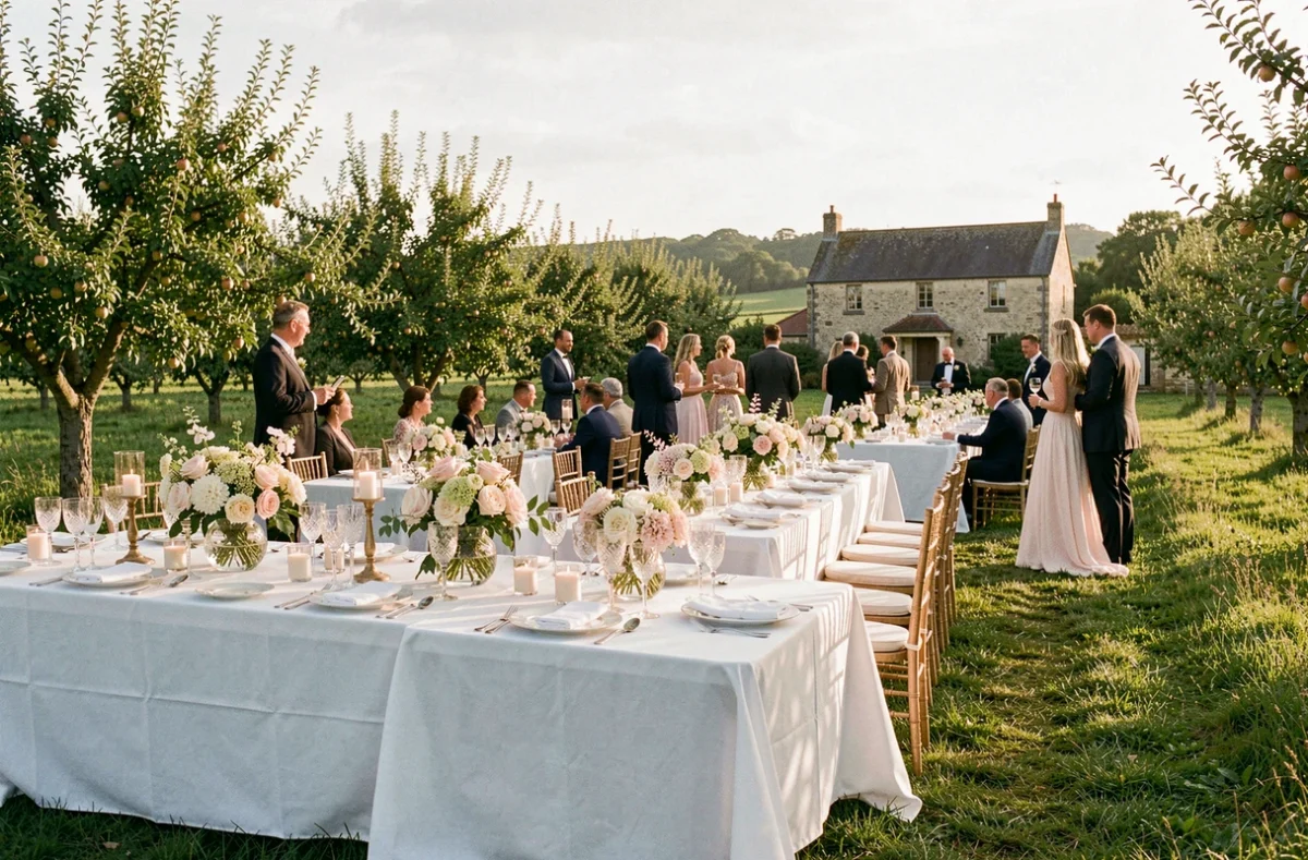 Réception de mariage en plein air en Normandie avec tables décorées, verrerie élégante et vergers en arrière-plan