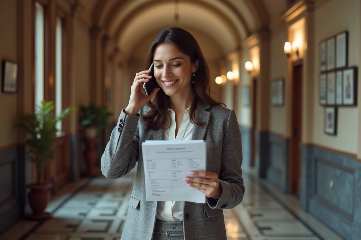 Wedding planner en couloir de mairie gérant les imprévus d'un mariage civil avec planning et téléphone